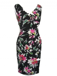 RALPH LAUREN Faux Wrap Ruched Waist Floral Print Spring Summer Sheath Cocktail Dress- BLK MULTI-2 RALPH LAUREN Faux Wrap Ruched Waist Floral Print Spring Summer Sheath Cocktail Dress- BLK MULTI-2