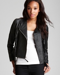 Whether layered over basic tees or party dresses, this Ella Moss leather jacket brings instant cool with fringe accents and a motorcycle-inspired silhouette. Whether layered over basic tees or party dresses, this Ella Moss leather jacket brings instant cool with fringe accents and a motorcycle-inspired silhouette.