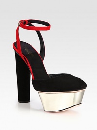 A crimson ankle strap tops this trend-forward suede design, with an angled patent leather platform and sky-high heel. Suede-covered heel, 5¼ (130mm)Patent leather platform, 1¾ (45mm)Compares to a 3½ heel (90mm)Suede upperAdjustable ankle strapLeather lining and solePadded insoleMade in Italy A crimson ankle strap tops this trend-forward suede design, with an angled patent leather platform and sky-high heel. Suede-covered heel, 5¼ (130mm)Patent leather platform, 1¾ (45mm)Compares to a 3½ heel (90mm)Suede upperAdjustable ankle strapLeather lining and solePadded insoleMade in Italy