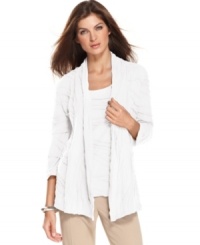 Add interest to any ensemble with J Jones New York's open-front cardigan, featuring abstract ribbed details and a chic silhouette. Add interest to any ensemble with J Jones New York's open-front cardigan, featuring abstract ribbed details and a chic silhouette.