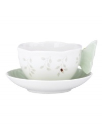 A taste of country living from Lenox. In elegant white porcelain with a scalloped edge and sweet springtime motif, the Butterfly Meadow figural cup and saucer infuse tea time with unparalleled charm. A taste of country living from Lenox. In elegant white porcelain with a scalloped edge and sweet springtime motif, the Butterfly Meadow figural cup and saucer infuse tea time with unparalleled charm.