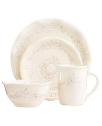 Homegrown style. Ruffled edges and engraved florals give the Espana Antica place setting an organic, handcrafted feel that suits country settings. From the Tabletops Unlimited dinnerware collection. Homegrown style. Ruffled edges and engraved florals give the Espana Antica place setting an organic, handcrafted feel that suits country settings. From the Tabletops Unlimited dinnerware collection.