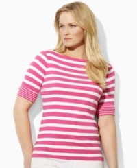 A chic boat neckline infuses the classic cotton jersey plus size tee with breezy, relaxed style, from Lauren by Ralph Lauren. A chic boat neckline infuses the classic cotton jersey plus size tee with breezy, relaxed style, from Lauren by Ralph Lauren.
