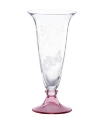 Etched with butterflies and blooms, this Butterfly Meadow bud vase by Lenox gives casual settings a whimsical lift. A tinted pink base adds a splash of color to luminous crystal. Etched with butterflies and blooms, this Butterfly Meadow bud vase by Lenox gives casual settings a whimsical lift. A tinted pink base adds a splash of color to luminous crystal.