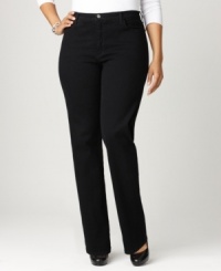 A black wash lends a lean look to Not Your Daughter's Jeans' straight leg plus size jeans, featuring a shaping panel for a flattering fit. A black wash lends a lean look to Not Your Daughter's Jeans' straight leg plus size jeans, featuring a shaping panel for a flattering fit.