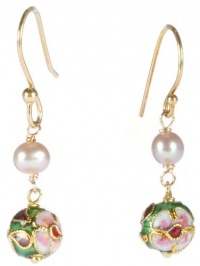 Gold Plated Sterling Silver Pink Freshwater Cultured Pearl with Green Cloisonne Round Bead Earrings Gold Plated Sterling Silver Pink Freshwater Cultured Pearl with Green Cloisonne Round Bead Earrings