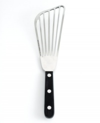 A seasoned pro! Have the tools to take on the kitchen and conquer cooking. Flexible, yet amazingly sturdy, this stainless steel turner gracefully handles delicate foods, like whole fish, seafood cakes and omelets. The slotted design drains liquids over the pan for a mess free approach to cooking. A seasoned pro! Have the tools to take on the kitchen and conquer cooking. Flexible, yet amazingly sturdy, this stainless steel turner gracefully handles delicate foods, like whole fish, seafood cakes and omelets. The slotted design drains liquids over the pan for a mess free approach to cooking.