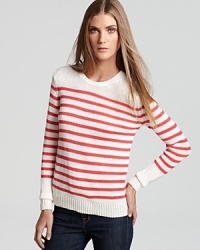 Slim, nautical stripes enrich this classic Theory sweater--a made made in perfect style with denim. Slim, nautical stripes enrich this classic Theory sweater--a made made in perfect style with denim.