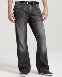 True Religion's straight leg jeans with signature horseshoe pocket styling in a silver wash. True Religion's straight leg jeans with signature horseshoe pocket styling in a silver wash.