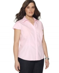 Top off your career looks with Jones New York Signature's cap sleeve plus size shirt, accented by a tonal dot pattern-- it doesn't require ironing! Top off your career looks with Jones New York Signature's cap sleeve plus size shirt, accented by a tonal dot pattern-- it doesn't require ironing!