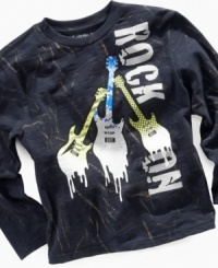 This tie dye guitar graphic tee by Flapdoodles will get him ready to rock. This tie dye guitar graphic tee by Flapdoodles will get him ready to rock.