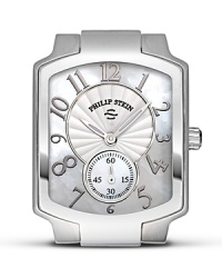 Philip Stein® stainless steel rectangular watch head with mother-of-pearl dial. Features single movement, Arabic numbers and a polished crown. Fits 18 mm-Size 1 straps. Philip Stein® stainless steel rectangular watch head with mother-of-pearl dial. Features single movement, Arabic numbers and a polished crown. Fits 18 mm-Size 1 straps.