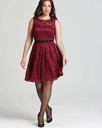 Evoke a romantic spirit in a lace Taylor Dresses Plus dress, cinched at the waist with a contrast belt for an effortlessly flattering cocktail style. A sheer yoke and scalloped hemline up the glamour factor.