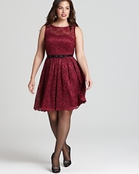 Evoke a romantic spirit in a lace Taylor Dresses Plus dress, cinched at the waist with a contrast belt for an effortlessly flattering cocktail style. A sheer yoke and scalloped hemline up the glamour factor. Evoke a romantic spirit in a lace Taylor Dresses Plus dress, cinched at the waist with a contrast belt for an effortlessly flattering cocktail style. A sheer yoke and scalloped hemline up the glamour factor.