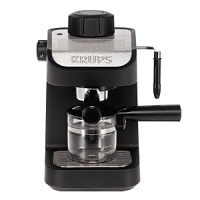 Krups Steam Espresso Machine serves up delicious espresso, coffee, cappuccino and latte without taking up too much counter space. The compact and convenient design features a 4-cup glass carafe with a handle and lid that keeps your drink warm while you froth milk. Krups Steam Espresso Machine serves up delicious espresso, coffee, cappuccino and latte without taking up too much counter space. The compact and convenient design features a 4-cup glass carafe with a handle and lid that keeps your drink warm while you froth milk.