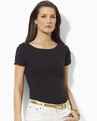 A soft slub jersey tee, rendered with breezy dolman sleeves and metal crest-embossed buttons for a decidedly nautical feel. A soft slub jersey tee, rendered with breezy dolman sleeves and metal crest-embossed buttons for a decidedly nautical feel.