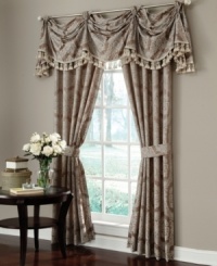 Present any room with the soothing, gorgeous drape of the Confessions window panel. An ivory damask floral is set upon taupe gray for luxurious style that coordinates with any neutral room decor. Present any room with the soothing, gorgeous drape of the Confessions window panel. An ivory damask floral is set upon taupe gray for luxurious style that coordinates with any neutral room decor.