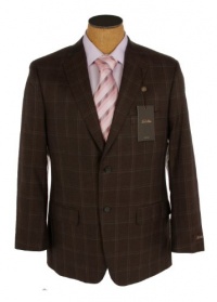 Tasso Elba Mens 2 Button Brown Windowpane Silk Wool Sport Coat Jacket