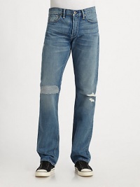 Slim fit five-pocket design cut from fine selvage denim that is meticulously woven on narrow, shuttle looms for a premium texture.Mid-width waistband with belt loops Front zipper and button fly Five-pocket style Creased and whiskered details at legs Faded detail at back waistband Inseam, about 32 Cotton; hand wash or machine wash Made in USA Slim fit five-pocket design cut from fine selvage denim that is meticulously woven on narrow, shuttle looms for a premium texture.Mid-width waistband with belt loops Front zipper and button fly Five-pocket style Creased and whiskered details at legs Faded detail at back waistband Inseam, about 32 Cotton; hand wash or machine wash Made in USA