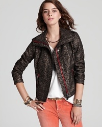 Rev up your fall wardrobe with this Free People jacket, enlivened by an authentic leopard print that's taken the catwalks by storm this season. Rev up your fall wardrobe with this Free People jacket, enlivened by an authentic leopard print that's taken the catwalks by storm this season.