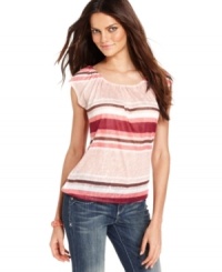A summery striped top from INC gives any outfit a pop of bold color and graphic appeal. A summery striped top from INC gives any outfit a pop of bold color and graphic appeal.