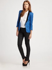 Bold colorblock updates this shapely single-button design tailored with a nipped waist and satin shawl collar.Deep V necklineThree-quarter sleevesSingle button closureWelt pocketsFlap hip pocketsDouble back ventAbout 26 from shoulder to hemBody: viscose; collar: 59% cotton/41% silkDry cleanImported of Italian fabricModel shown is 5'8½ (174cm) wearing US size 4. Bold colorblock updates this shapely single-button design tailored with a nipped waist and satin shawl collar.Deep V necklineThree-quarter sleevesSingle button closureWelt pocketsFlap hip pocketsDouble back ventAbout 26 from shoulder to hemBody: viscose; collar: 59% cotton/41% silkDry cleanImported of Italian fabricModel shown is 5'8½ (174cm) wearing US size 4.