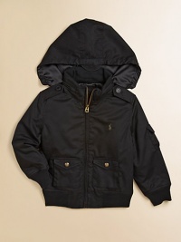 An essential bomber jacket is lightly lined and updated with a stowable hood for season-spanning protection against the elements.Stowaway hoodShoulder epaulettesMockneck collarLong sleevesFull-zip frontButton-flap patch pocketsRibbed cuffs and hemFully linedPolyesterMachine washImported An essential bomber jacket is lightly lined and updated with a stowable hood for season-spanning protection against the elements.Stowaway hoodShoulder epaulettesMockneck collarLong sleevesFull-zip frontButton-flap patch pocketsRibbed cuffs and hemFully linedPolyesterMachine washImported