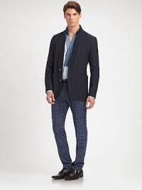Contrast waist band adds an unexpected twist to this modern-fit check print trouser crafted from fine Italian wool.Flat front styleZip fly closureBack welt pocketsUnfinished hemWoolDry cleanMade in Italy Contrast waist band adds an unexpected twist to this modern-fit check print trouser crafted from fine Italian wool.Flat front styleZip fly closureBack welt pocketsUnfinished hemWoolDry cleanMade in Italy