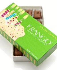 Celebrate anyone's birthday -- or simply indulge -- with this Limited-Edition box of chocolates! Frango brings the buttery flavor of smooth cake batter to its famous chocolate recipe, creating one irresistible box of goodness. Celebrate anyone's birthday -- or simply indulge -- with this Limited-Edition box of chocolates! Frango brings the buttery flavor of smooth cake batter to its famous chocolate recipe, creating one irresistible box of goodness.