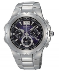 Be precision-oriented with this multi-tasking watch from Seiko. Silvertone stainless steel bracelet and round case. Round black dial with three subdials, date window, logo and stick indices. Quartz movement. Water resistant to 100 meters. Four-year limited warranty. Be precision-oriented with this multi-tasking watch from Seiko. Silvertone stainless steel bracelet and round case. Round black dial with three subdials, date window, logo and stick indices. Quartz movement. Water resistant to 100 meters. Four-year limited warranty.