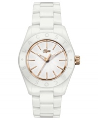 Smooth ceramic adds a crisp look, while rosy accents add warmth, to this Biarritz collection watch from Lacoste. Smooth ceramic adds a crisp look, while rosy accents add warmth, to this Biarritz collection watch from Lacoste.
