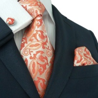 Landisun 189 Bright Orange Paisleys Mens Silk Tie Set: Tie+Hanky+Cufflinks Landisun 189 Bright Orange Paisleys Mens Silk Tie Set: Tie+Hanky+Cufflinks