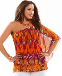 Infuse instant drama to any look with INC's one-shoulder plus size top, showcasing a dynamic print. Infuse instant drama to any look with INC's one-shoulder plus size top, showcasing a dynamic print.