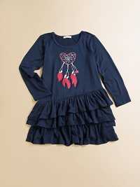 This adorable dress sports asymmetrical ruffles and an embroidered heart-shaped dreamcatcher motif.ScoopneckLong sleevesPull-on styleThree-tiered asymmetrical ruffle hem95% rayon/5% spandexMachine washImported This adorable dress sports asymmetrical ruffles and an embroidered heart-shaped dreamcatcher motif.ScoopneckLong sleevesPull-on styleThree-tiered asymmetrical ruffle hem95% rayon/5% spandexMachine washImported