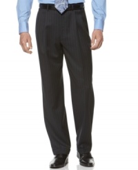 A true mainstay for a man's dressed-up look, the pinstripe pant goes with just about everything. This one features double reverse pleats at front, on-seam pockets at sides and button-through besom pockets on back. Extendable waistband. Cuffed bottoms.