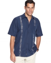 You'll hear the sweet sound of compliments in this laid-back but stylish shirt from Cubavera. You'll hear the sweet sound of compliments in this laid-back but stylish shirt from Cubavera.