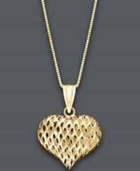 Give her your heart. This pretty heart-shaped pendant features a textured glitter design set in 14k gold. Approximate length: 18 inches. Approximate drop: 3/4 inch. Give her your heart. This pretty heart-shaped pendant features a textured glitter design set in 14k gold. Approximate length: 18 inches. Approximate drop: 3/4 inch.