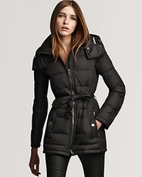 Keep out the cold with this luxe down puffer coat from Burberry Brit. Ribbed sides and a belted waist give figure-flattering form. Keep out the cold with this luxe down puffer coat from Burberry Brit. Ribbed sides and a belted waist give figure-flattering form.