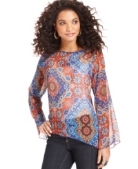 Cha Cha Vente's scarf-inspired shirt offers bold colors on sheer fabric for an ethereal, bohemian vibe. Pair it with a tank top and jeans for effortless style!