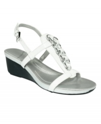 Sparkled straps that will make your day. Bandolino's Happy Me wedge sandals feature metal accents along the front and a wedge heel that's just the right height. Sparkled straps that will make your day. Bandolino's Happy Me wedge sandals feature metal accents along the front and a wedge heel that's just the right height.