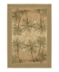 Create your own oasis with the windswept golden sands of an Arabian desert. This full-framed, bordered rug pictures an extraordinary desert landscape, replete with rolling dunes and towering palms. The thick power-loomed pile presents a soft, luxurious finish and heaviness virtually indistinguishable from the work of master artisans. Made with meticulous detail of ultra-fine fiber that resists wear and permanent stains. One-year limited warranty. Create your own oasis with the windswept golden sands of an Arabian desert. This full-framed, bordered rug pictures an extraordinary desert landscape, replete with rolling dunes and towering palms. The thick power-loomed pile presents a soft, luxurious finish and heaviness virtually indistinguishable from the work of master artisans. Made with meticulous detail of ultra-fine fiber that resists wear and permanent stains. One-year limited warranty.