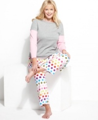 Funky fleece on the bottom, cozy cotton on top. Jenni's got you prepared for hibernation with this snuggly pajama set. Funky fleece on the bottom, cozy cotton on top. Jenni's got you prepared for hibernation with this snuggly pajama set.