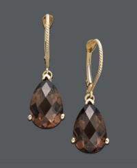 Add chic sparkle in warm brown hues. Earrings feature a faceted pear-cut smokey quartz drop (5-3/4 ct. t.w.) set in 14k gold. Approximate drop: 1 inch. Add chic sparkle in warm brown hues. Earrings feature a faceted pear-cut smokey quartz drop (5-3/4 ct. t.w.) set in 14k gold. Approximate drop: 1 inch.