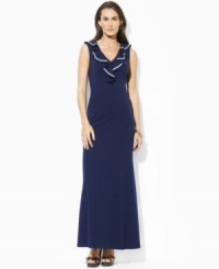 A cascading ruffle, offset with a slim contrast stripe, accents the V-neckline of this fluid stretch petite jersey dress, lending a charming nautical look to a chic seasonal essential, from Lauren by Ralph Lauren. (Clearance) A cascading ruffle, offset with a slim contrast stripe, accents the V-neckline of this fluid stretch petite jersey dress, lending a charming nautical look to a chic seasonal essential, from Lauren by Ralph Lauren. (Clearance)