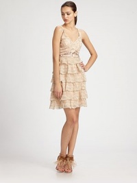 Scalloped tiers and beaded accents dress up this sweet, feminine style.V necklineSleevelessBeaded empire waistTiered, scalloped skirtConcealed side zipFully linedAbout 20 from natural waist95% nylon/5% polyesterSpot cleanImportedModel shown is 5'11 (180cm) wearing US size 4. Scalloped tiers and beaded accents dress up this sweet, feminine style.V necklineSleevelessBeaded empire waistTiered, scalloped skirtConcealed side zipFully linedAbout 20 from natural waist95% nylon/5% polyesterSpot cleanImportedModel shown is 5'11 (180cm) wearing US size 4.