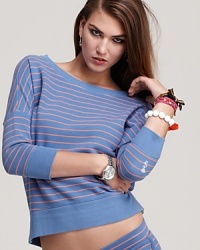 Kick around the weekend in this cozy Juicy Couture French terry top, boasting trend-right stripes for a playful finish. Kick around the weekend in this cozy Juicy Couture French terry top, boasting trend-right stripes for a playful finish.