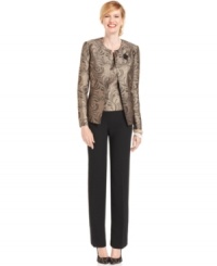 Metallic brocade lets you shine this holiday season. Kasper's unique pantsuit features a removable jeweled brooch for a little extra sparkle. Metallic brocade lets you shine this holiday season. Kasper's unique pantsuit features a removable jeweled brooch for a little extra sparkle.