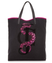 Effortlessly on-trend, this Juicy Couture carryall encapsulates urban cool. Crafted in durable wool felt with soft leather trim and iconic JC sequin monogram, it's the ultimate accent for any girl-about-town. Effortlessly on-trend, this Juicy Couture carryall encapsulates urban cool. Crafted in durable wool felt with soft leather trim and iconic JC sequin monogram, it's the ultimate accent for any girl-about-town.