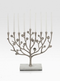 The intricate forms of nature inspired America's foremost metal artist to create this hand-crafted menorah with a glowing nickle-plated finish.From the Botanical Leaf CollectionCandles not includedNickle-plated metal12W X 4D X 13½Hand washImported The intricate forms of nature inspired America's foremost metal artist to create this hand-crafted menorah with a glowing nickle-plated finish.From the Botanical Leaf CollectionCandles not includedNickle-plated metal12W X 4D X 13½Hand washImported
