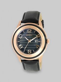 Perfect for the sophisticated man, a black-and-gold beauty with modern numeric markers and a sleek leather strap.Quartz movementWater resistant to 10 ATMRound rose gold IP and glass case, 45mm (1.8)Smooth rose gold IP bezelBlack dialNumeric markersDate display at 3 o'clockSecond handBlack leather strapImported Perfect for the sophisticated man, a black-and-gold beauty with modern numeric markers and a sleek leather strap.Quartz movementWater resistant to 10 ATMRound rose gold IP and glass case, 45mm (1.8)Smooth rose gold IP bezelBlack dialNumeric markersDate display at 3 o'clockSecond handBlack leather strapImported